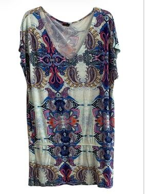 LASCANA Vibrant Paisley Print Short Sleeve V-Neck Boho Mini Dress Size XL